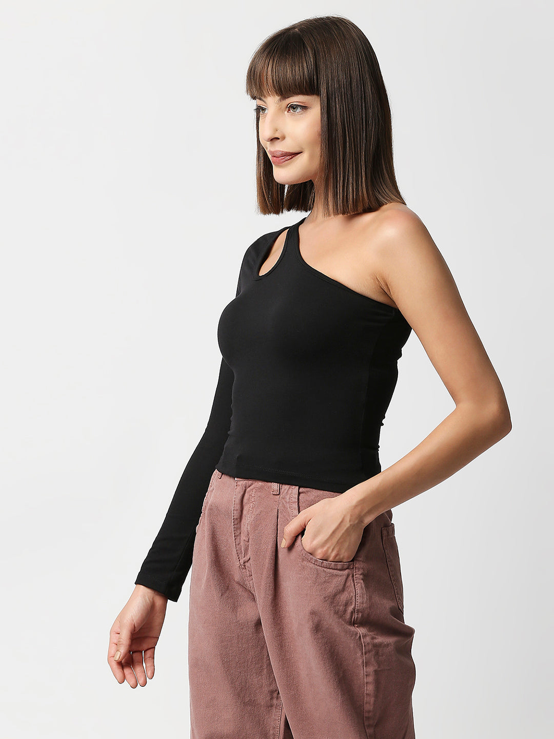 Disrupt Women Black One Shoulder Cut-Out Neck Slim Crop Top