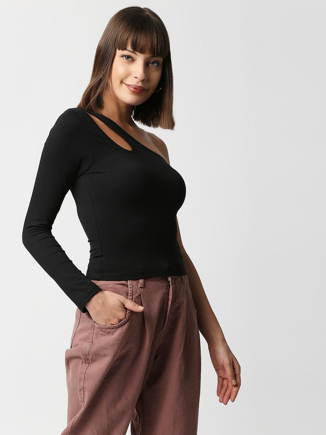Disrupt Women Black One Shoulder Cut-Out Neck Slim Crop Top