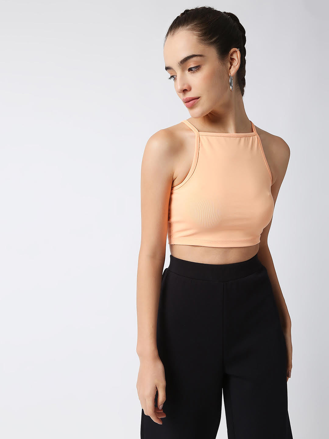Disrupt Women Peach Spaghetti Square Neck Slim Crop Top