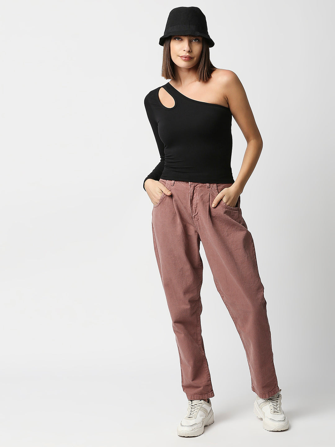 Disrupt Women Black One Shoulder Cut-Out Neck Slim Crop Top