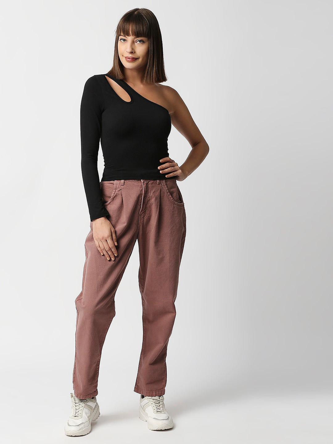 Disrupt Women Black One Shoulder Cut-Out Neck Slim Crop Top