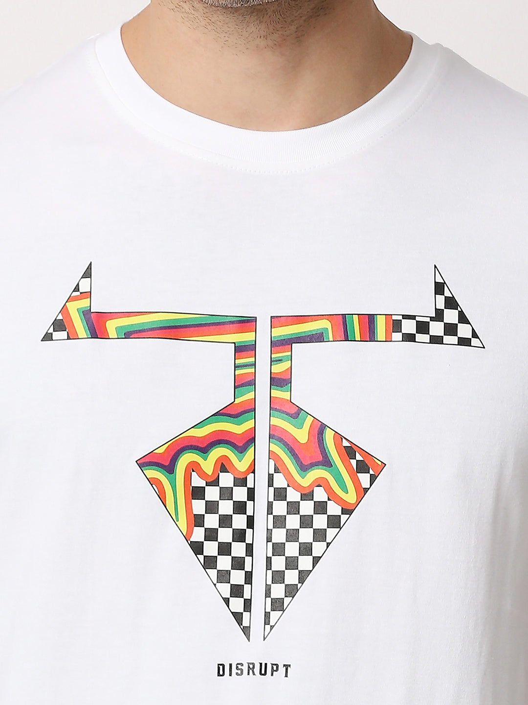 Disrupt Mens White Half Sleeve Cheks Logo Printed T-shirt