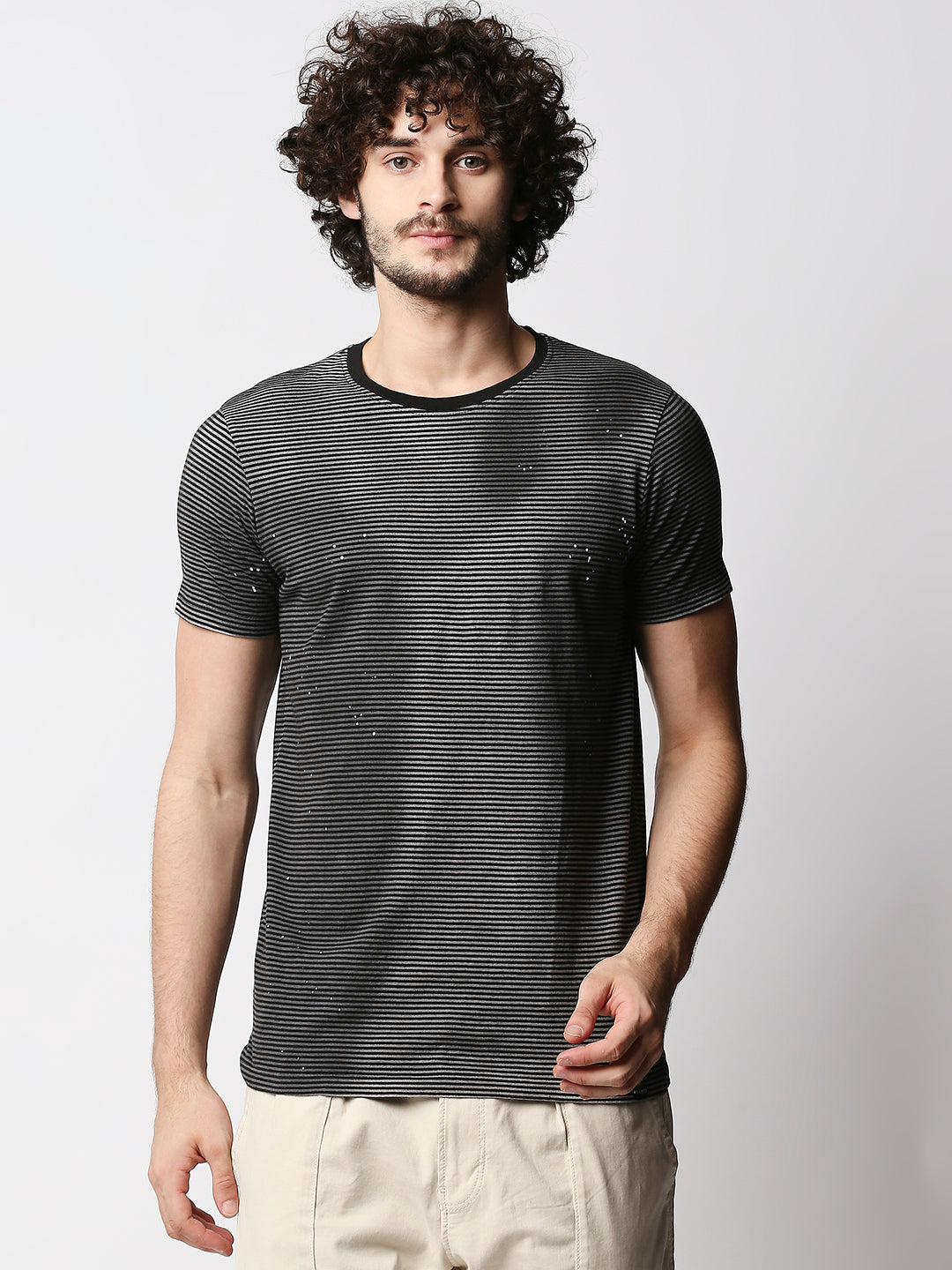 Disrupt Mens Grey Splatter Sprayed Street-style Striped T-shirt
