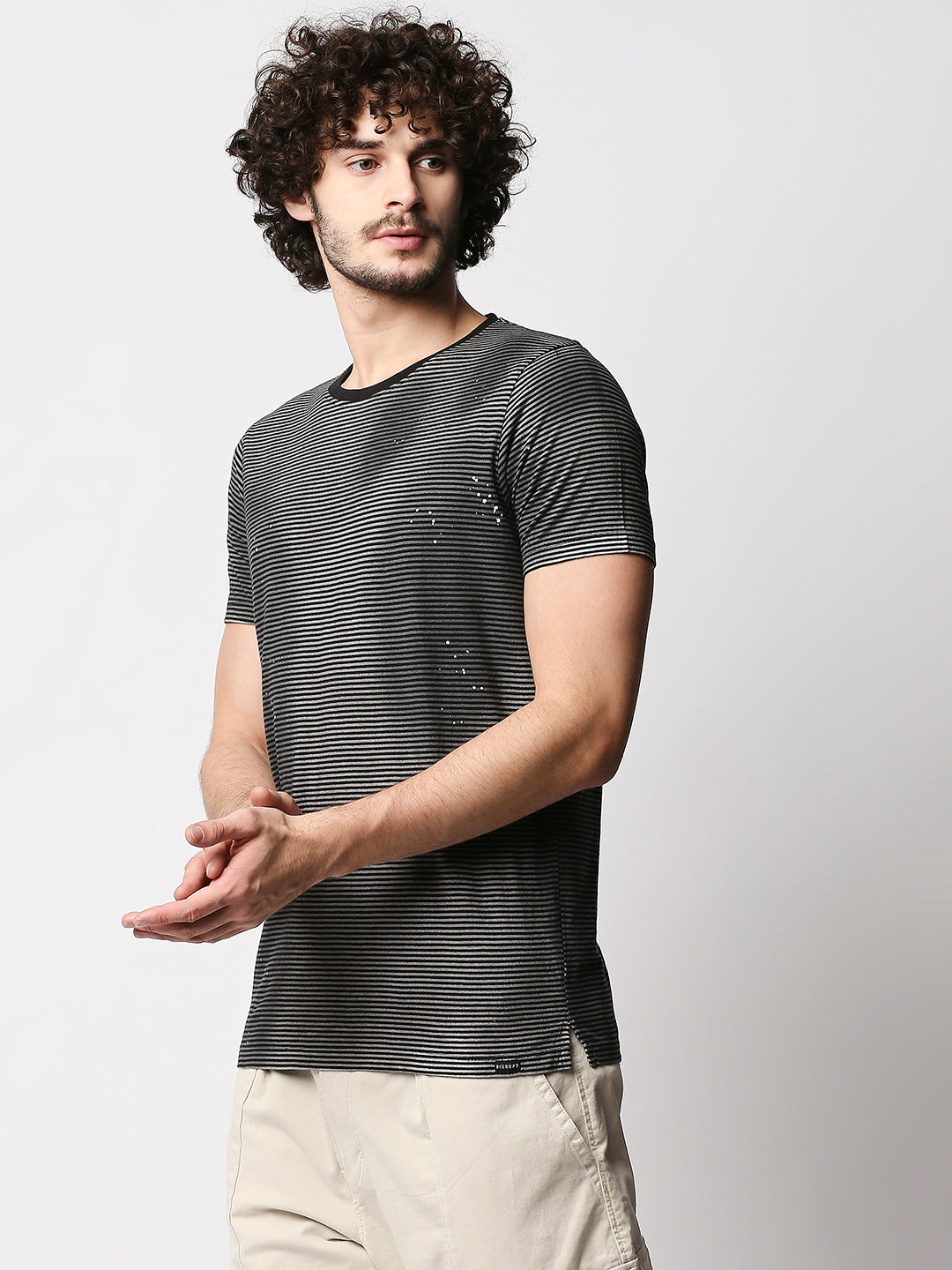 Disrupt Mens Grey Splatter Sprayed Street-style Striped T-shirt