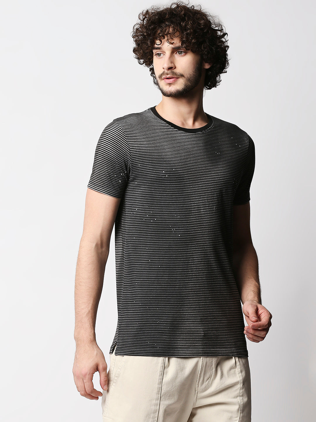Disrupt Mens Grey Splatter Sprayed Street-style Striped T-shirt