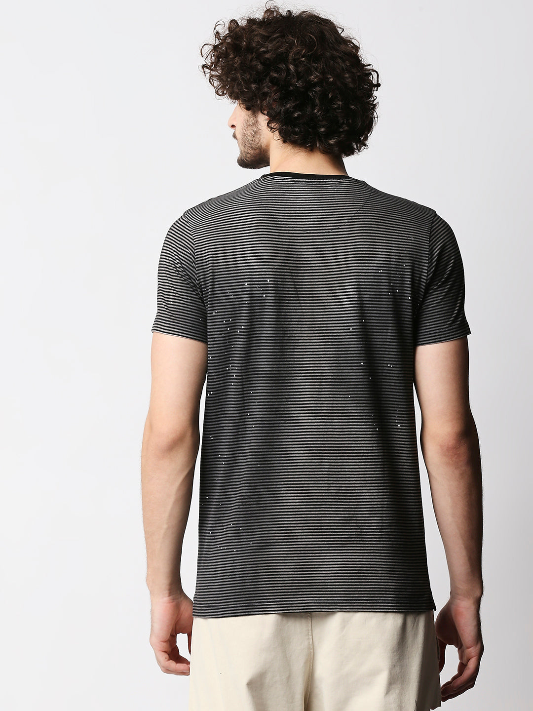 Disrupt Mens Grey Splatter Sprayed Street-style Striped T-shirt