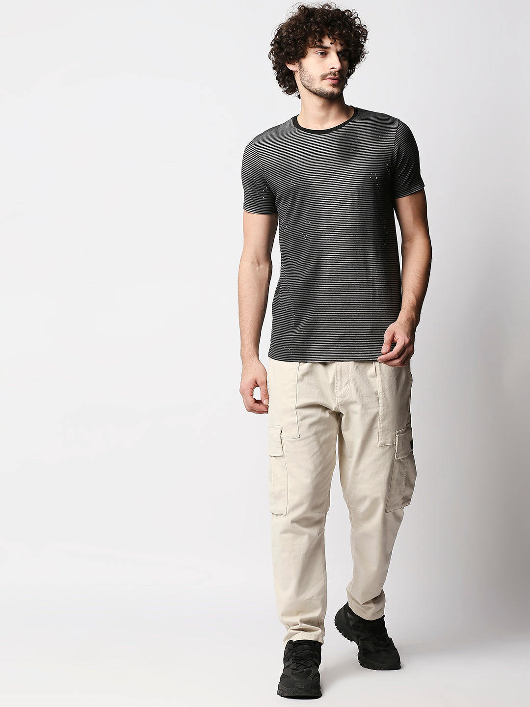Disrupt Mens Grey Splatter Sprayed Street-style Striped T-shirt