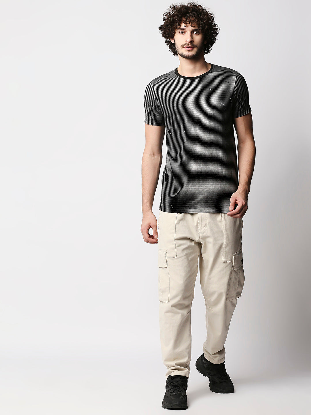 Disrupt Mens Grey Splatter Sprayed Street-style Striped T-shirt