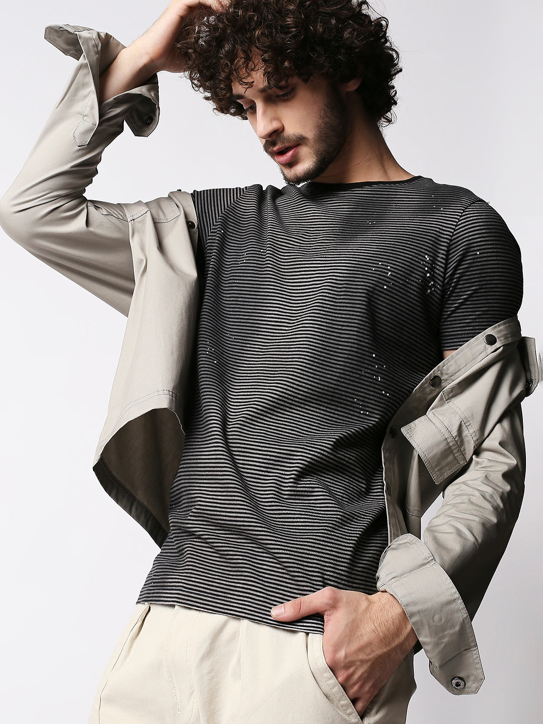 Disrupt Mens Grey Splatter Sprayed Street-style Striped T-shirt
