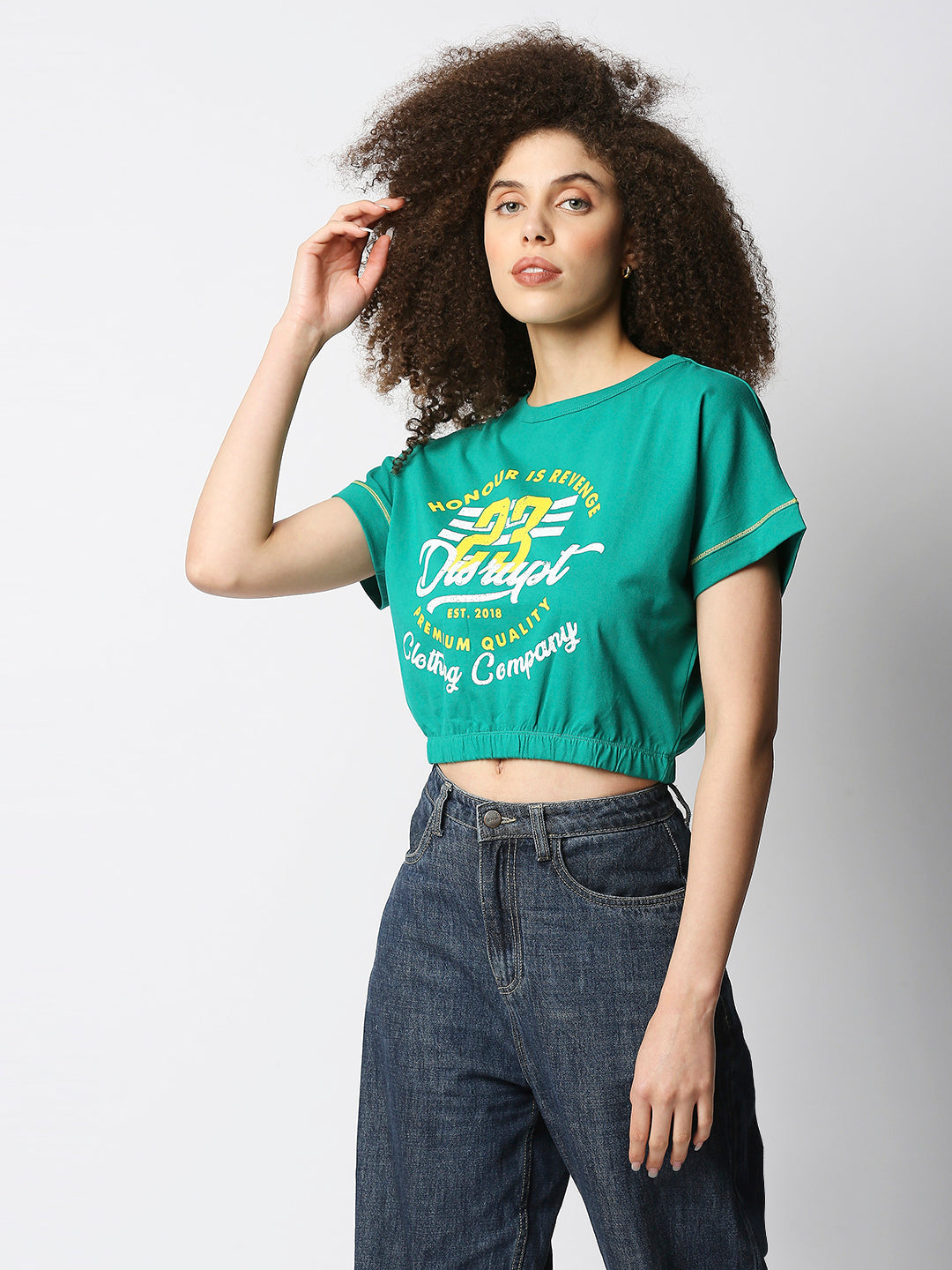 Disrupt Women Extended Shoulder Green Cropped Graphic T-shirt