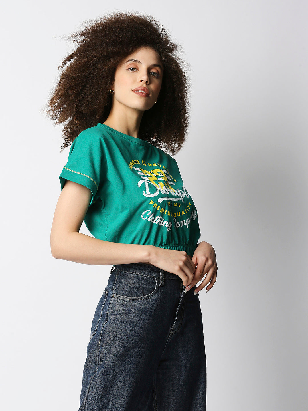 Disrupt Women Extended Shoulder Green Cropped Graphic T-shirt