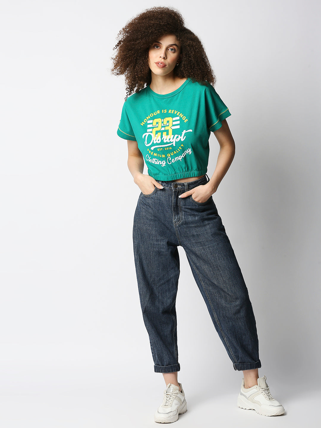 Disrupt Women Extended Shoulder Green Cropped Graphic T-shirt