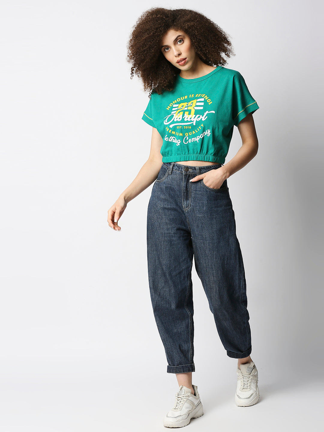 Disrupt Women Extended Shoulder Green Cropped Graphic T-shirt