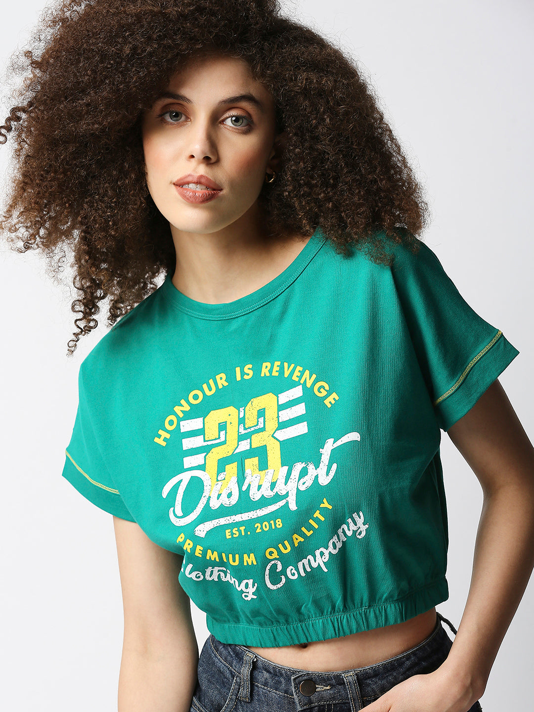 Disrupt Women Extended Shoulder Green Cropped Graphic T-shirt