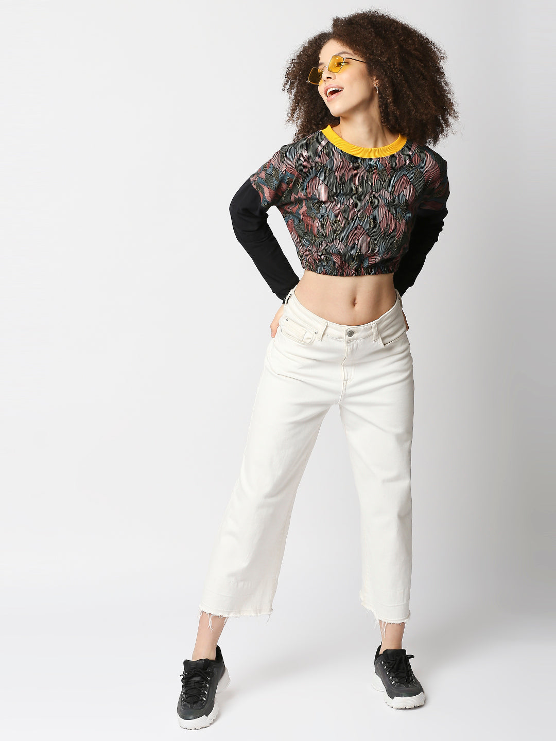 Disrupt Women Black Printed Drop Shoulder Boxy Crop T-shirt for Women