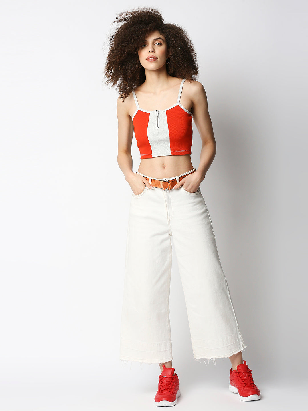 Disrupt Women's Red Colorblock Crop Top In Rib (Without Padding)
