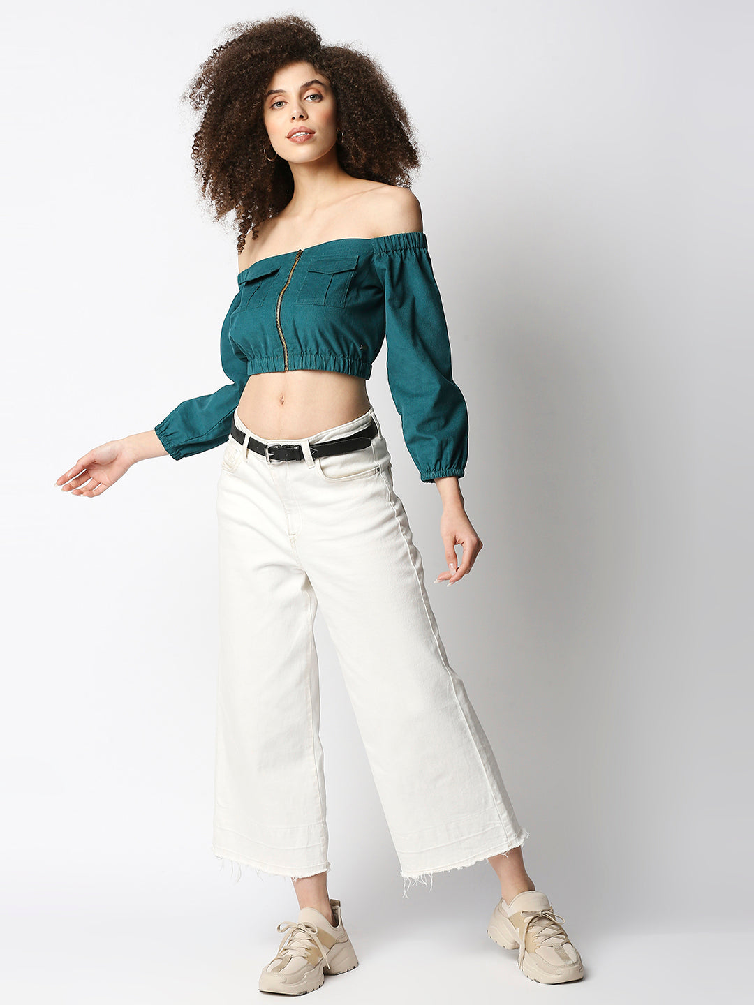 Disrupt Women's Green Corduroy Off-Shoulder Top