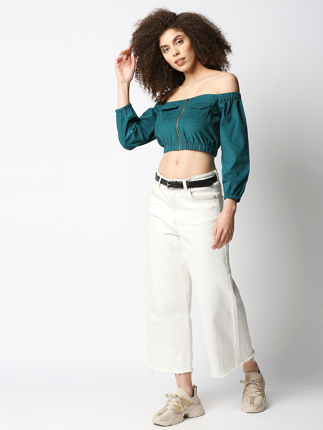 Disrupt Women's Green Corduroy Off-Shoulder Top