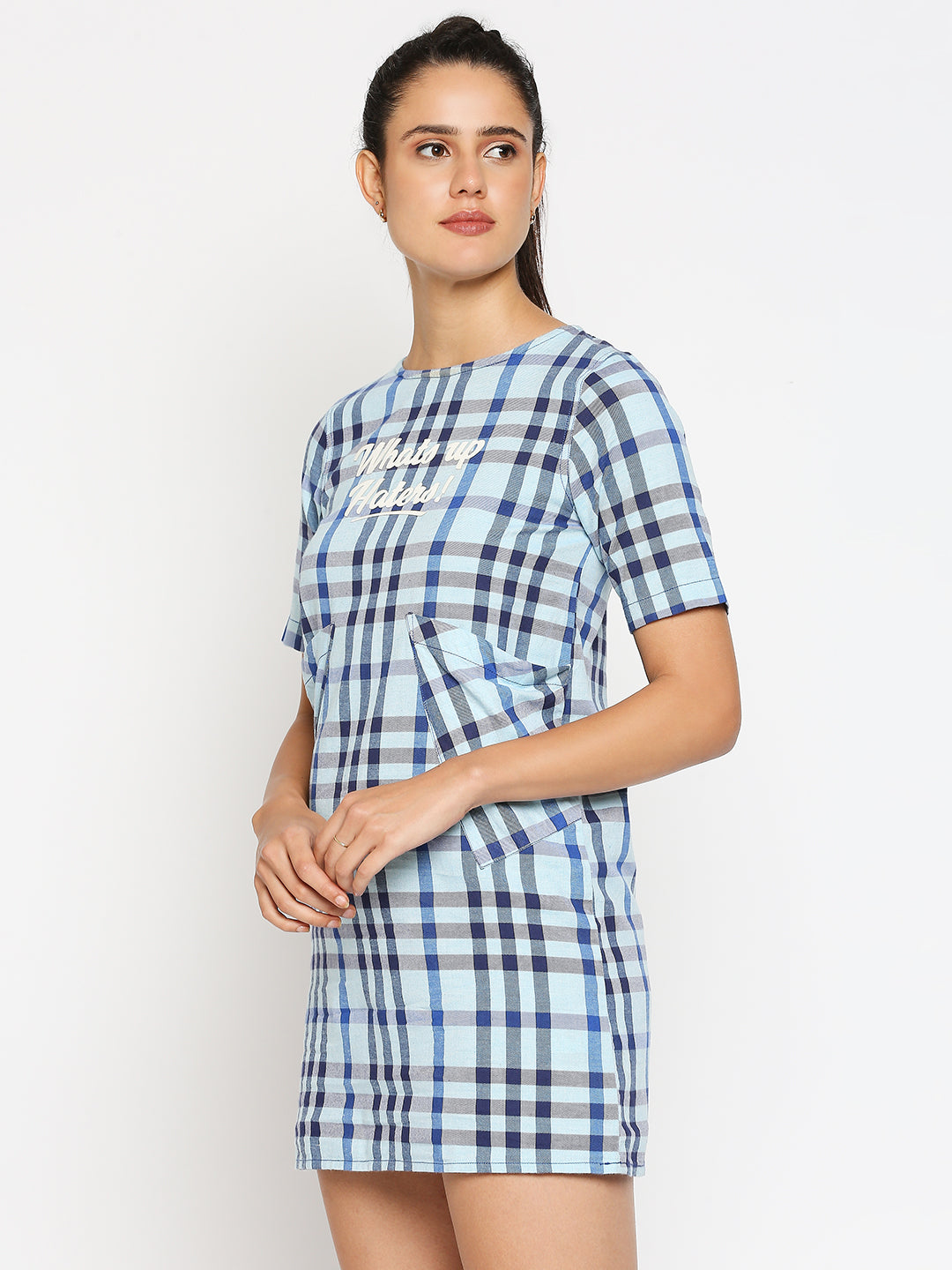 Disrupt Women Typographic Printed Blue Checks Dress
