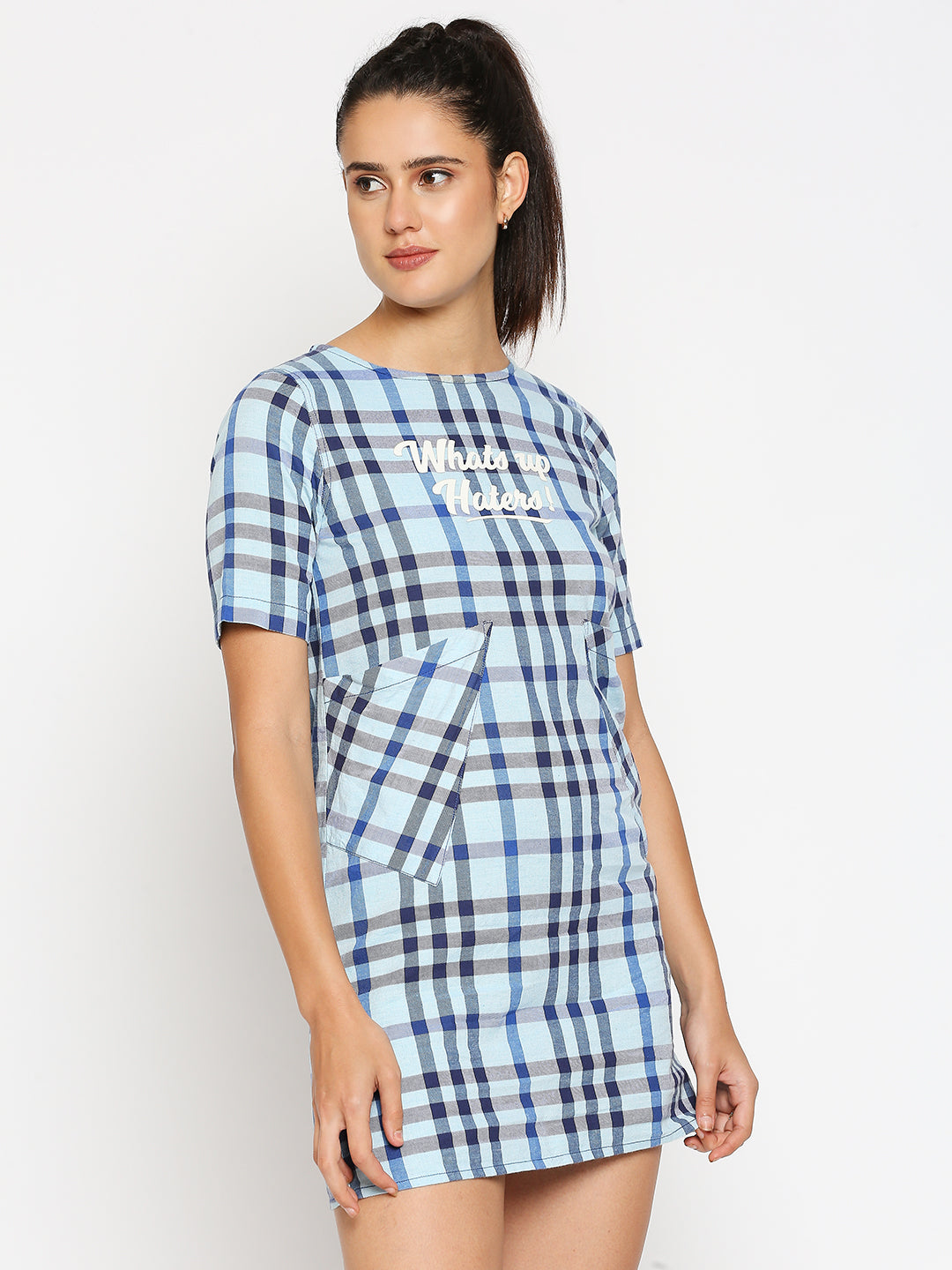 Disrupt Women Typographic Printed Blue Checks Dress