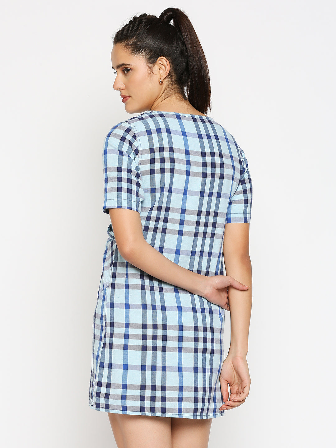 Disrupt Women Typographic Printed Blue Checks Dress