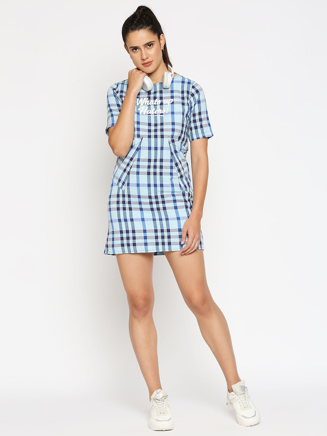 Disrupt Women Typographic Printed Blue Checks Dress