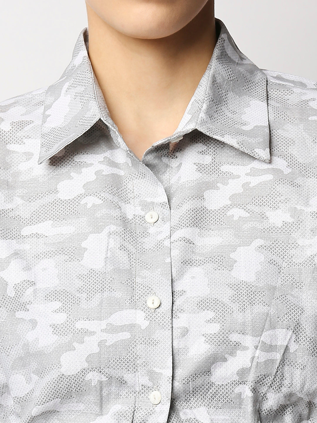 Disrupt Women Grey Camouflage Tie-up Cropped Shirt