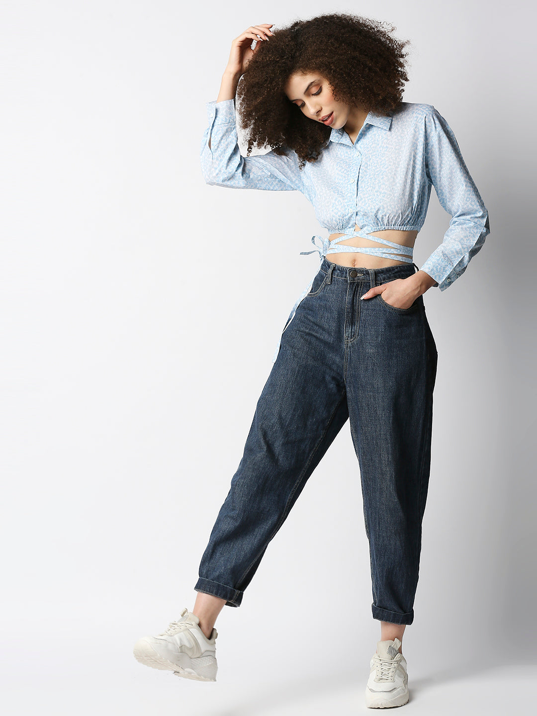 Disrupt Women Light Blue Animal Print Tie-up Cropped Shirt