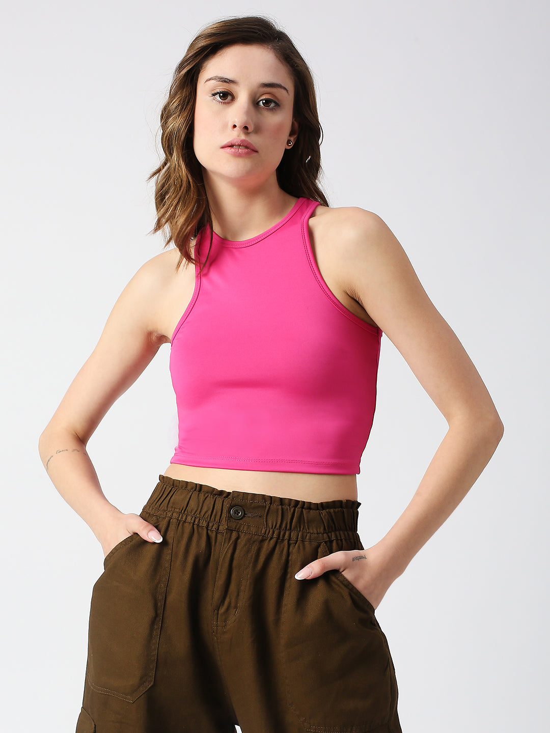 DISRUPT WOMEN PINK HIGH NECK RACER BACK SLIM FIT CROP TOP