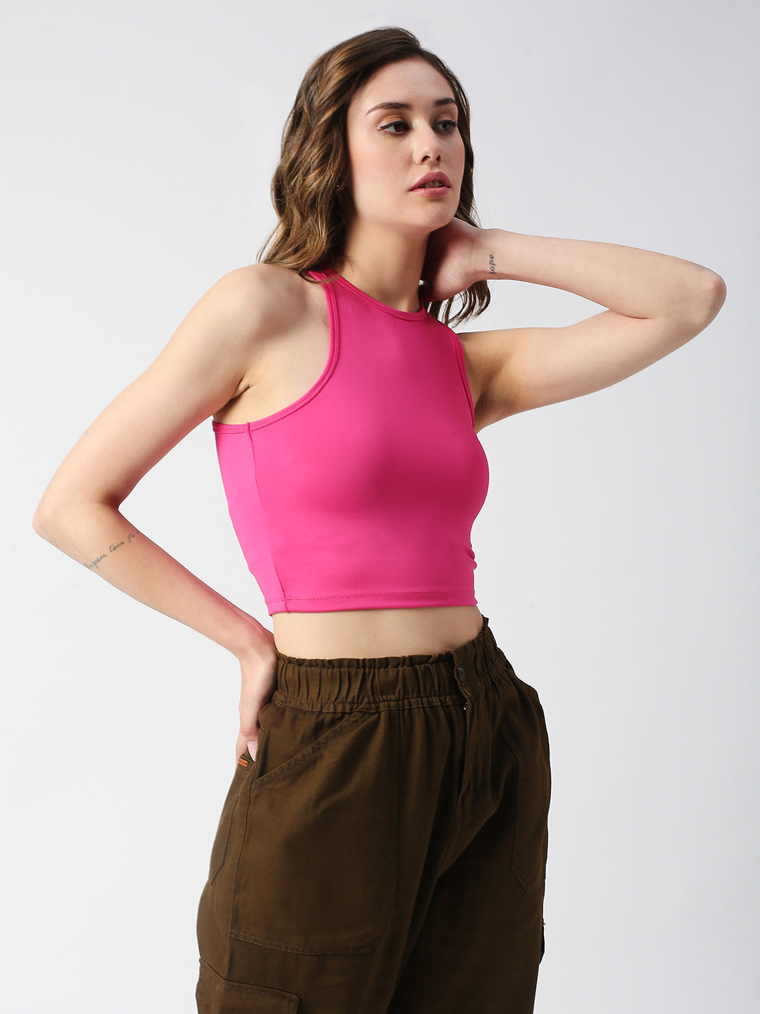 DISRUPT WOMEN PINK HIGH NECK RACER BACK SLIM FIT CROP TOP