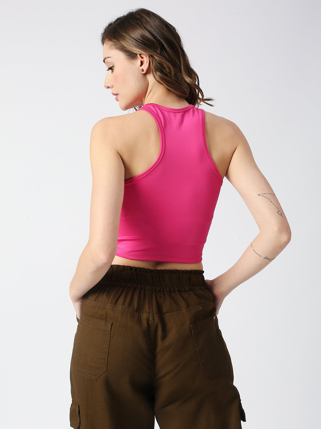 DISRUPT WOMEN PINK HIGH NECK RACER BACK SLIM FIT CROP TOP