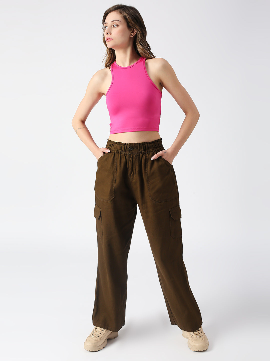 DISRUPT WOMEN PINK HIGH NECK RACER BACK SLIM FIT CROP TOP
