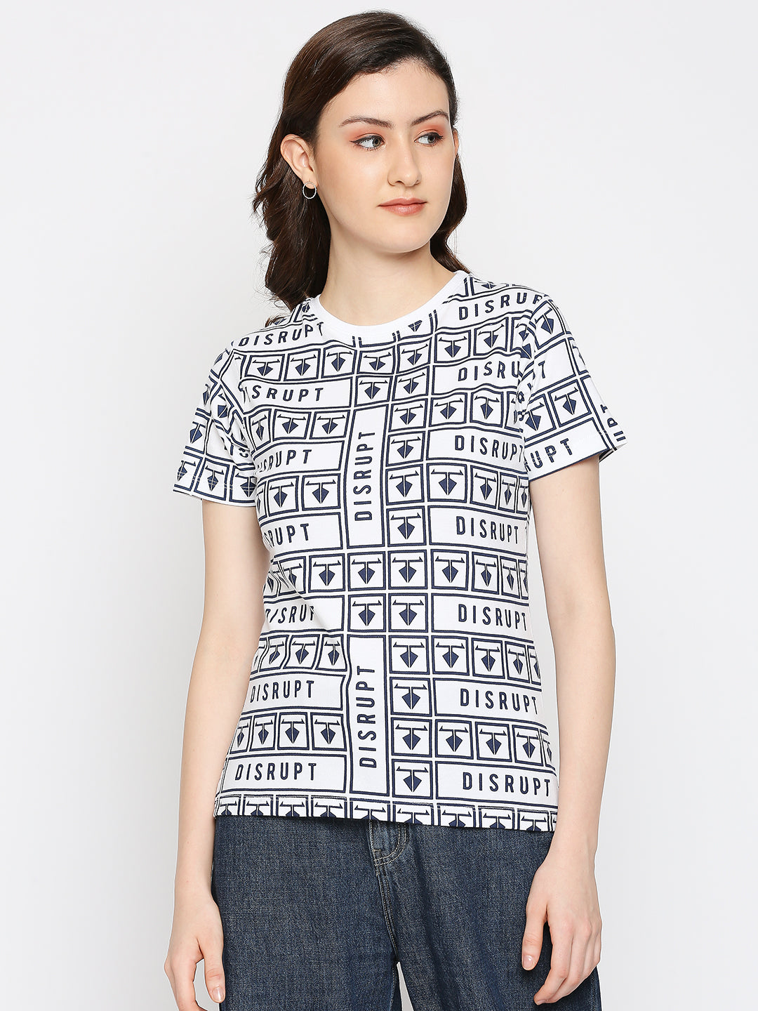 Disrupt White Cotton Half Sleeve All-over printed T-Shirt for Women