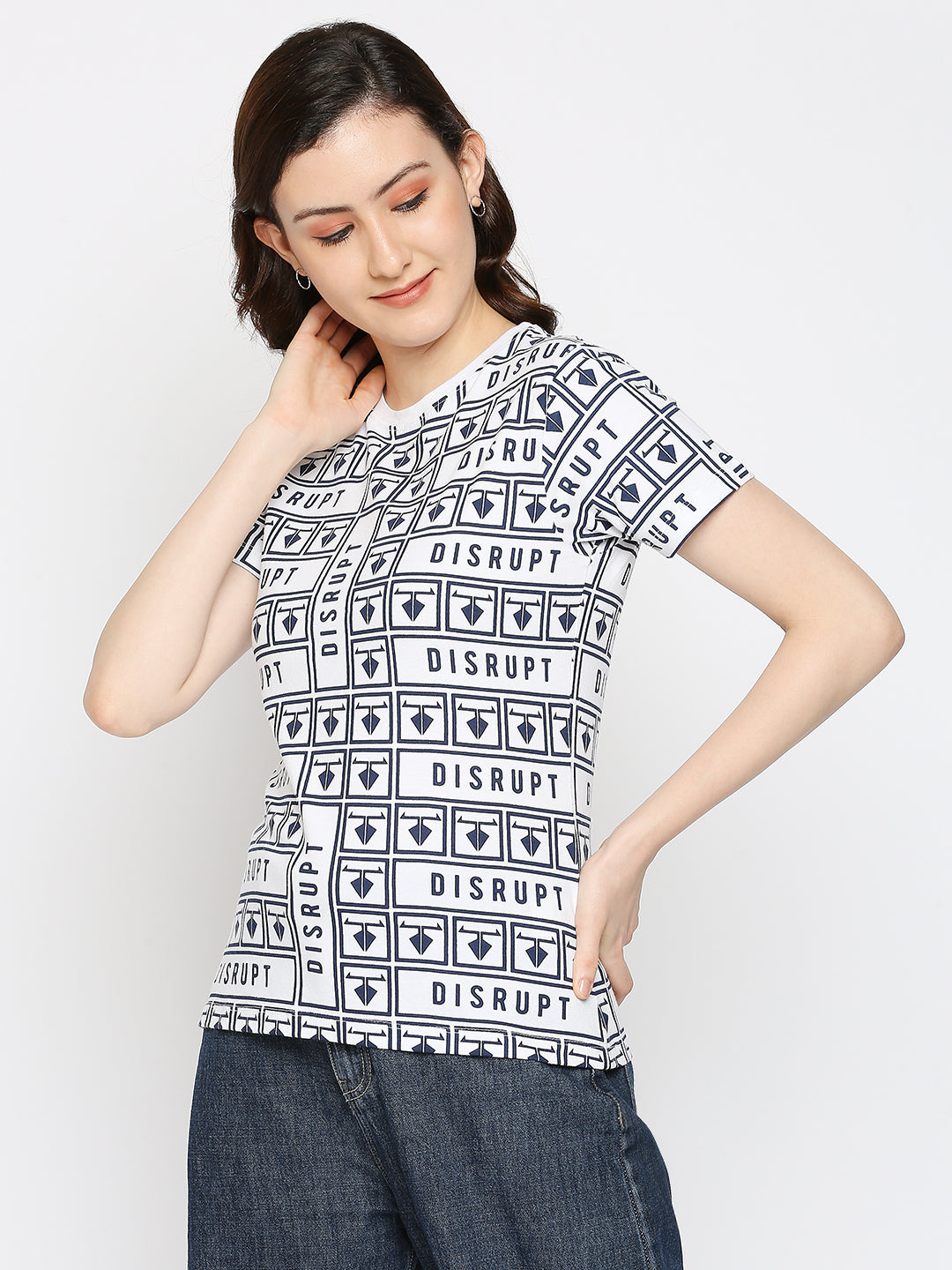 Disrupt White Cotton Half Sleeve All-over printed T-Shirt for Women