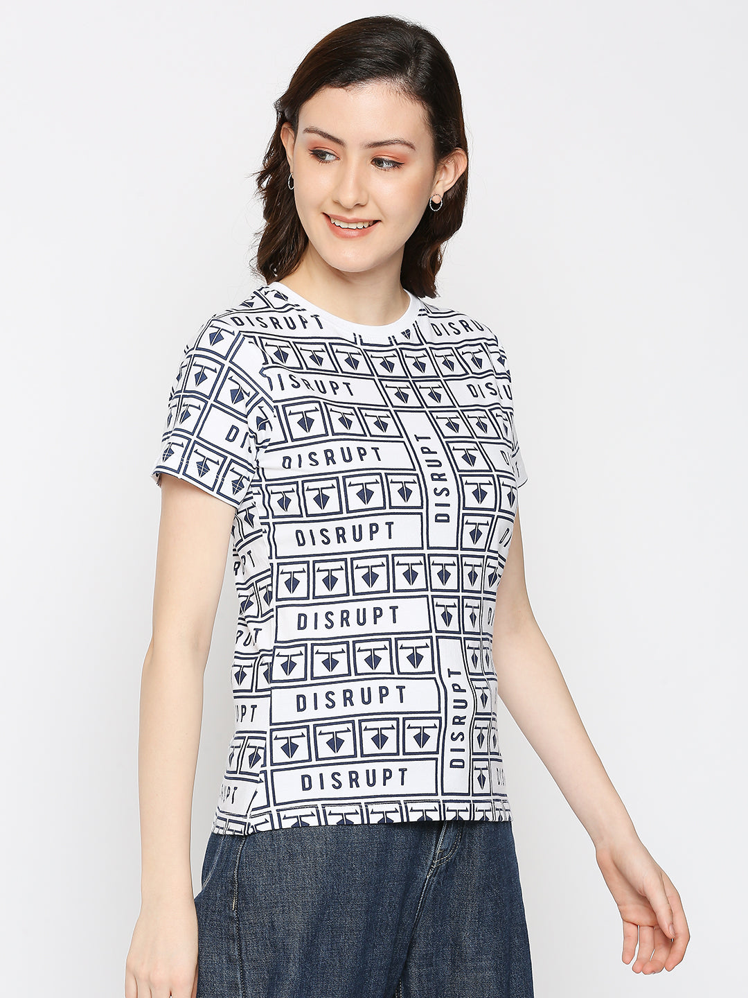 Disrupt White Cotton Half Sleeve All-over printed T-Shirt for Women