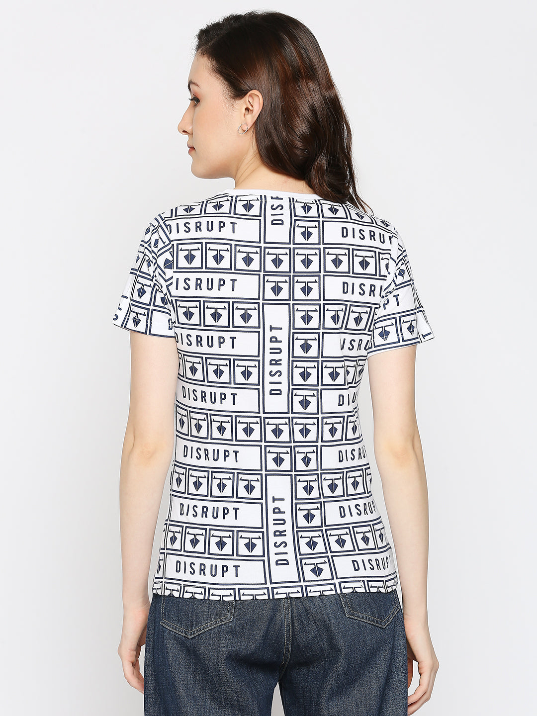 Disrupt White Cotton Half Sleeve All-over printed T-Shirt for Women