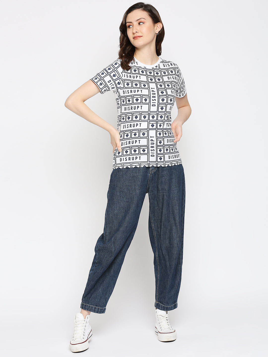 Disrupt White Cotton Half Sleeve All-over printed T-Shirt for Women