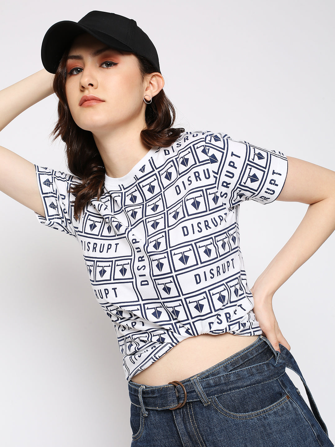 Disrupt White Cotton Half Sleeve All-over printed T-Shirt for Women