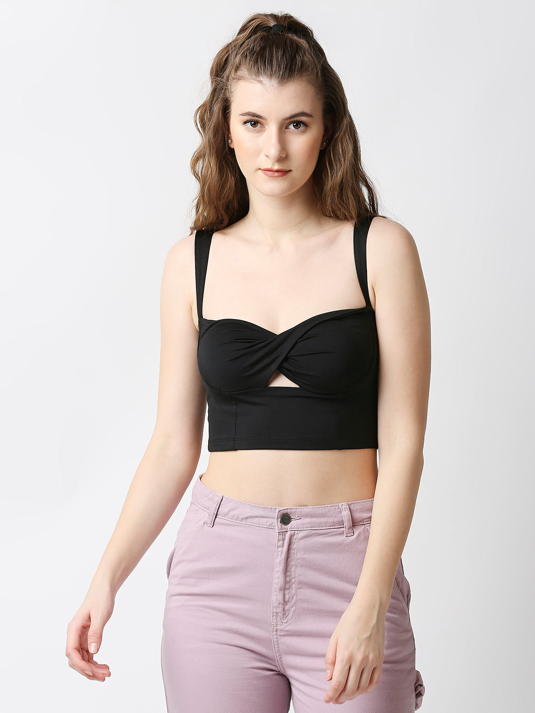 Disrupt Women Black Twisted Strappy Slim Fit Crop Top With Cups