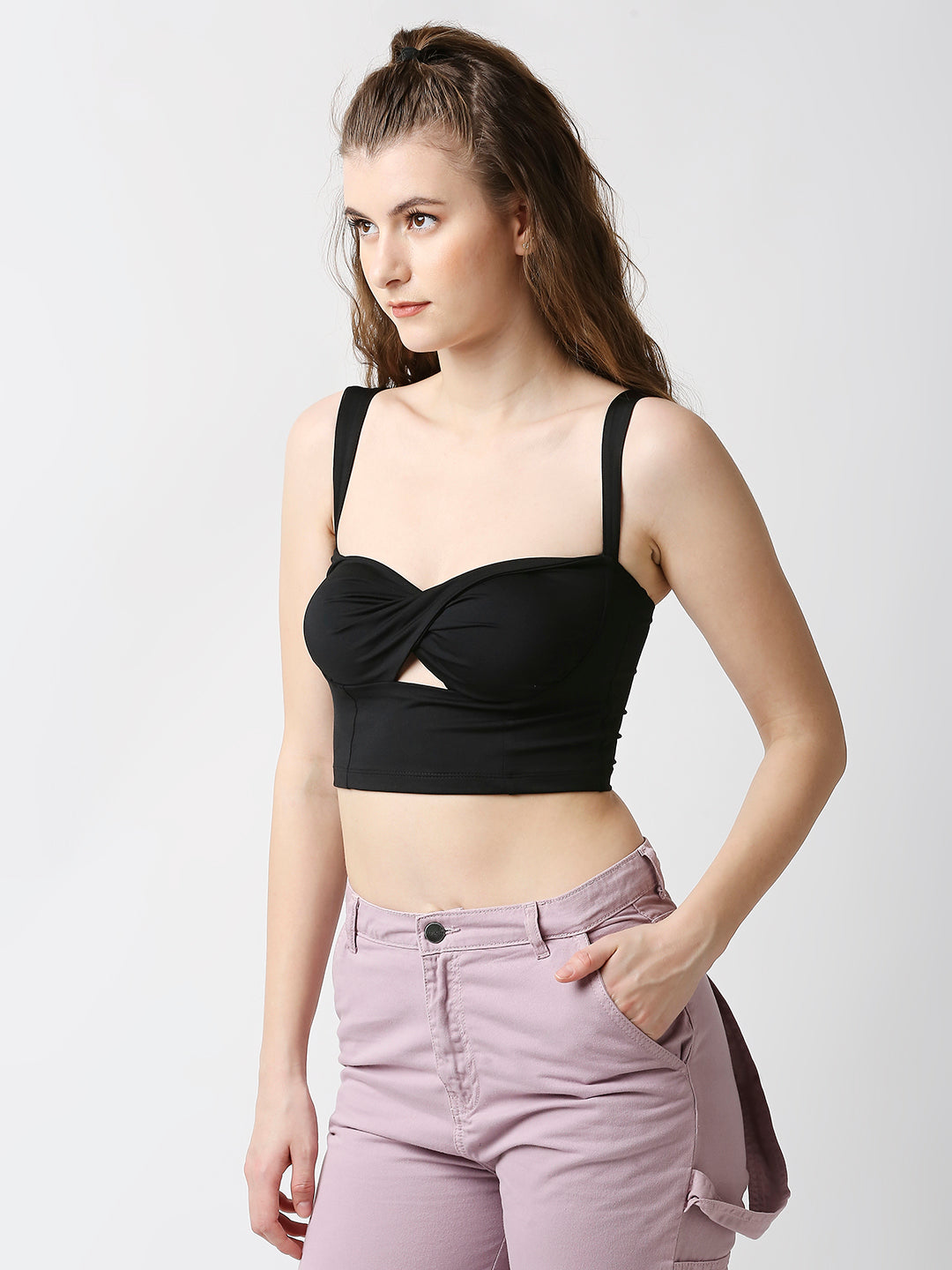 Disrupt Women Black Twisted Strappy Slim Fit Crop Top With Cups