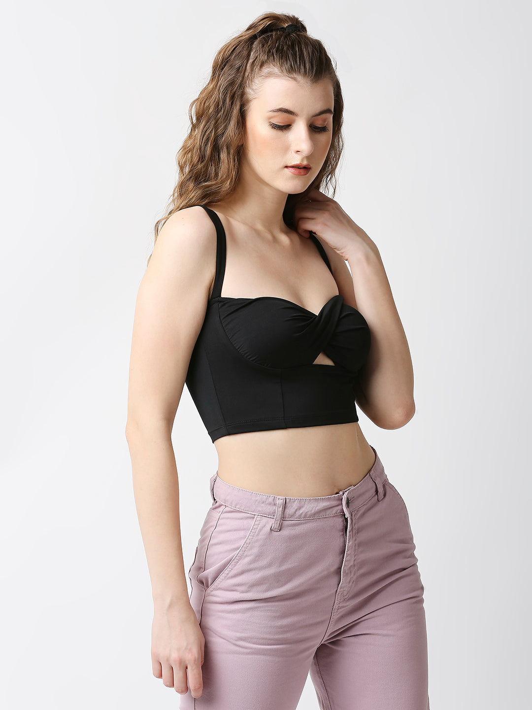 Disrupt Women Black Twisted Strappy Slim Fit Crop Top With Cups