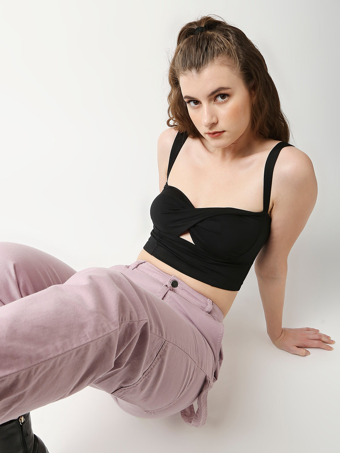 Disrupt Women Black Twisted Strappy Slim Fit Crop Top With Cups