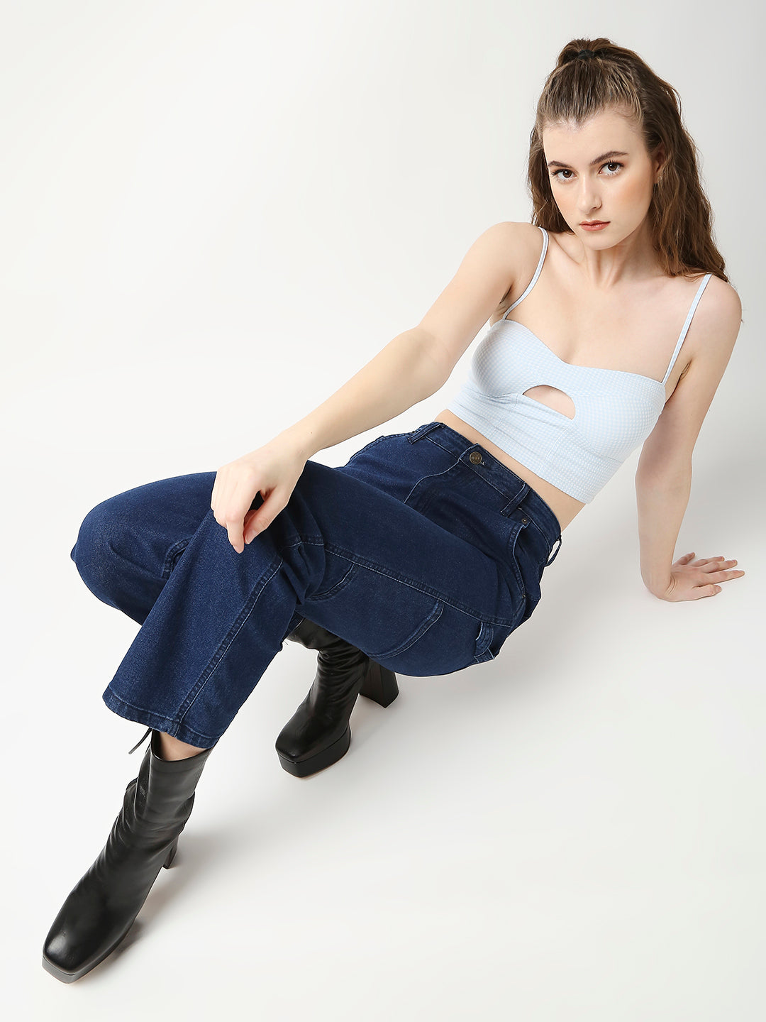 Disrupt Women Baby Blue Checkered Spaghetti Slim Fit Crop Top With Cups