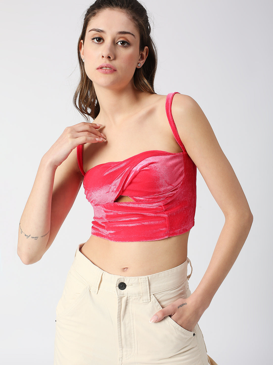 DISRUPT WOMEN PINK VELVET STRAPPY SLIM FIT TWISTED CROP TOP WITH CUPS