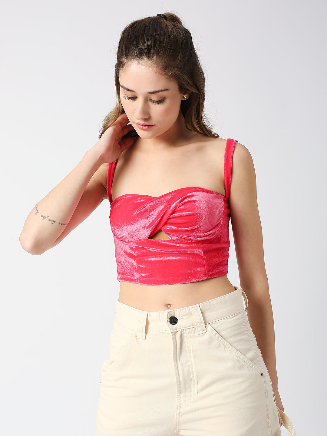 DISRUPT WOMEN PINK VELVET STRAPPY SLIM FIT TWISTED CROP TOP WITH CUPS