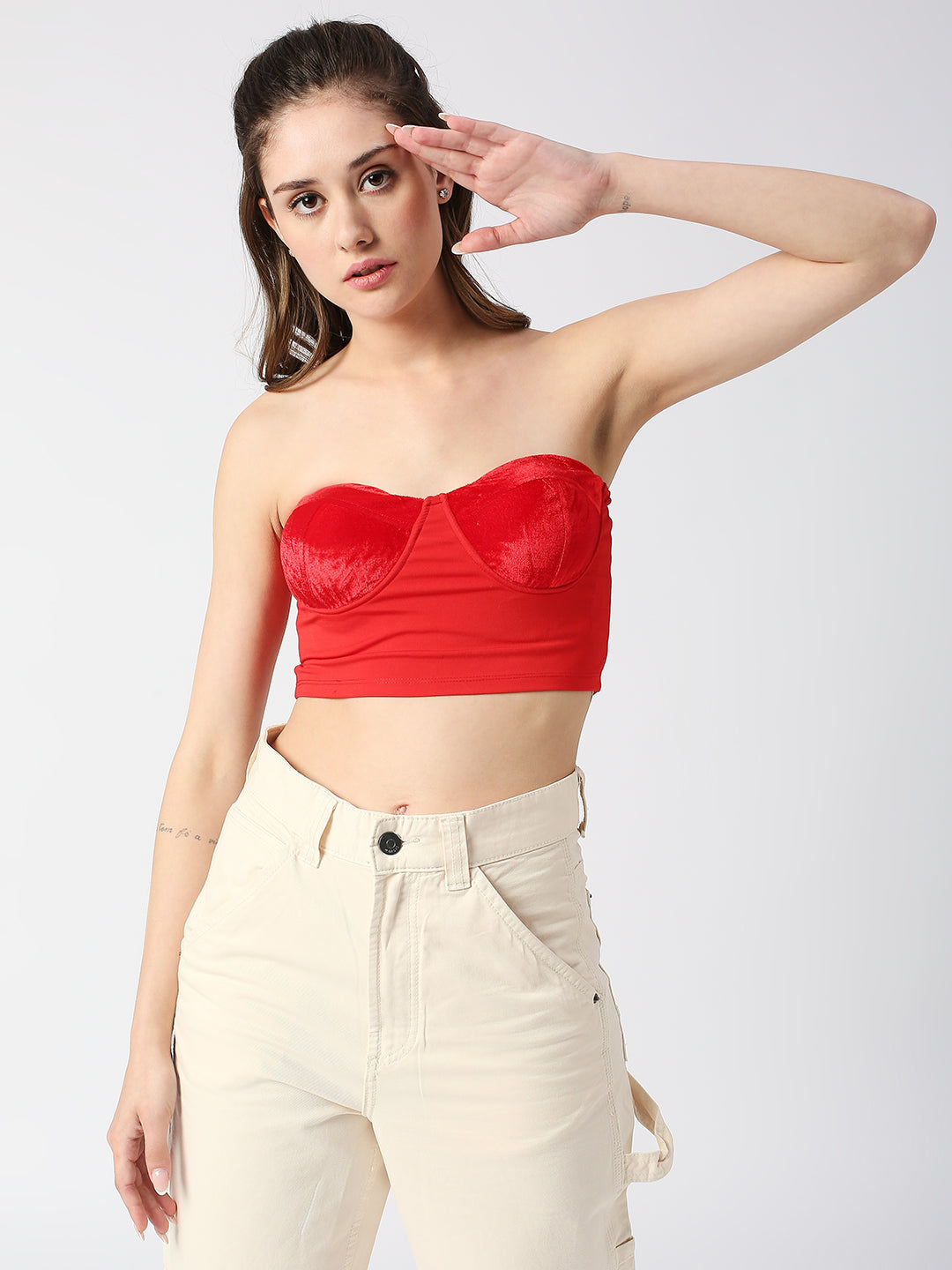 DISRUPT WOMEN RED VELVET PANELED SLIM FIT PADDED TUBE TOP