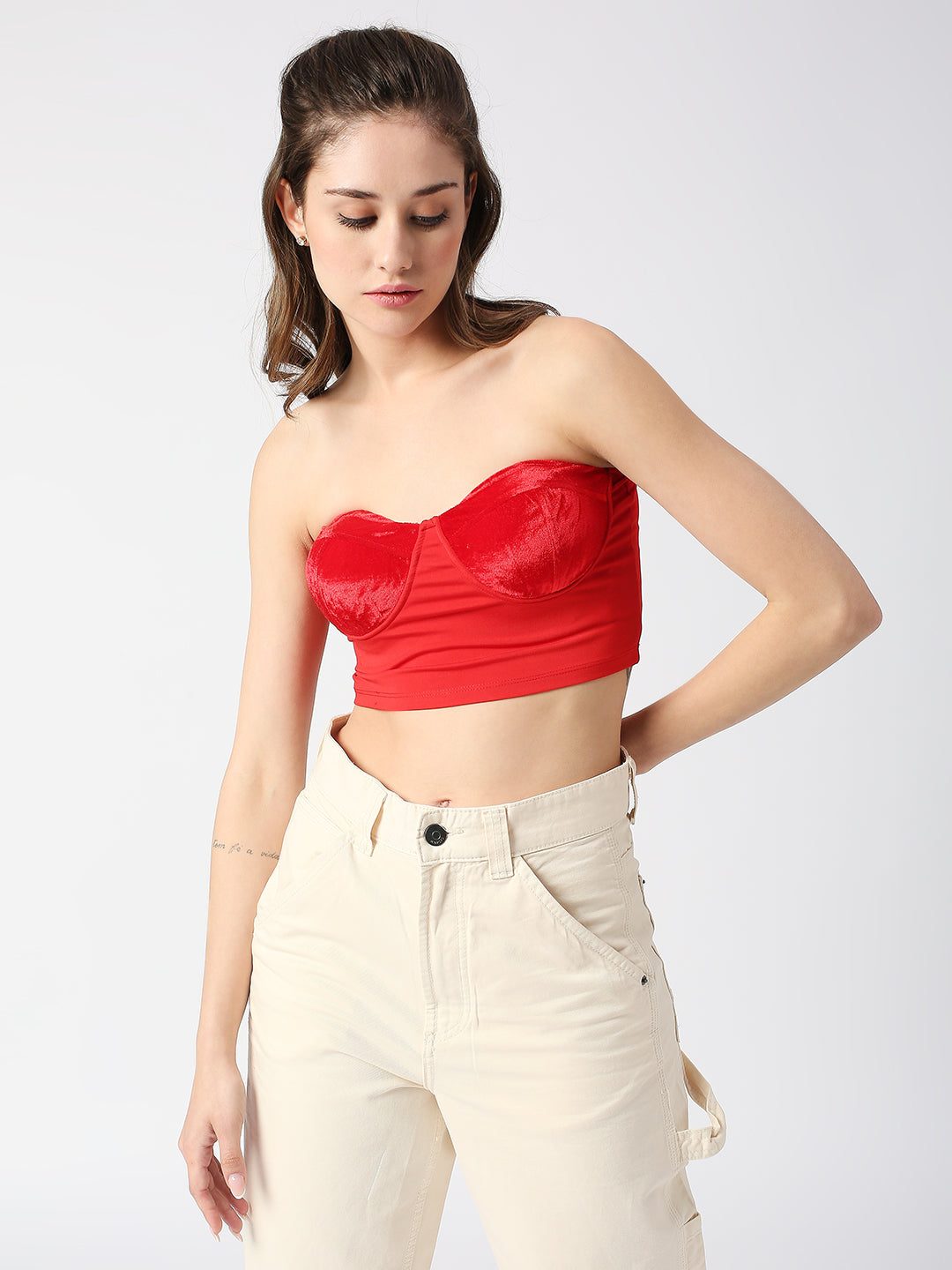 DISRUPT WOMEN RED VELVET PANELED SLIM FIT PADDED TUBE TOP