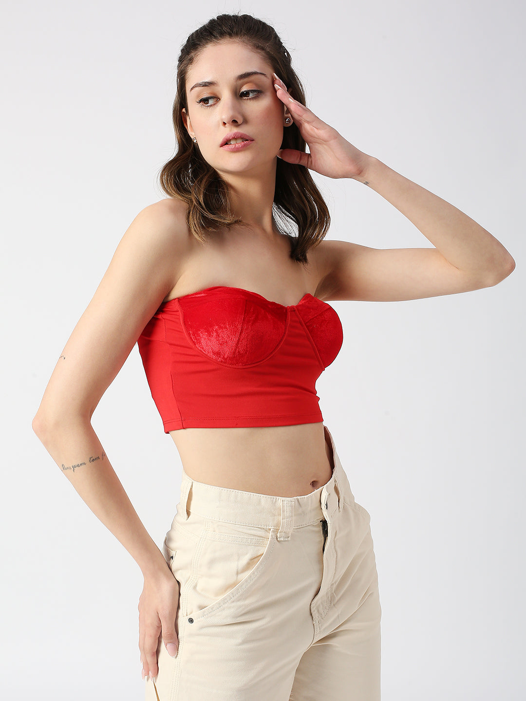 DISRUPT WOMEN RED VELVET PANELED SLIM FIT PADDED TUBE TOP