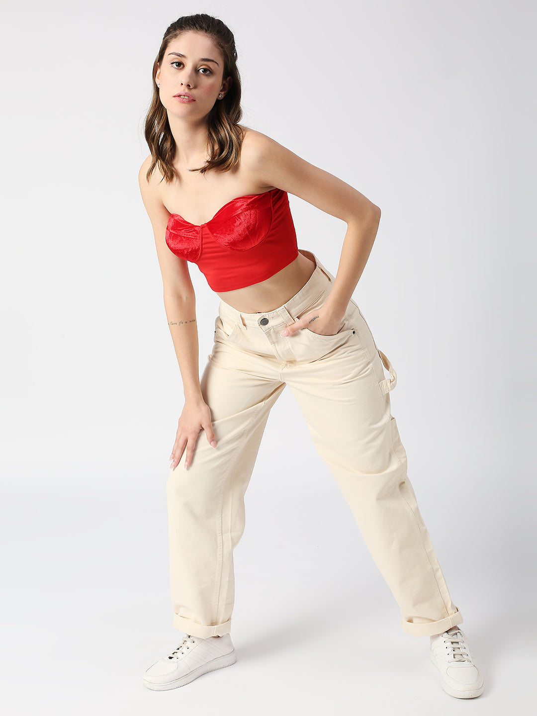 DISRUPT WOMEN RED VELVET PANELED SLIM FIT PADDED TUBE TOP