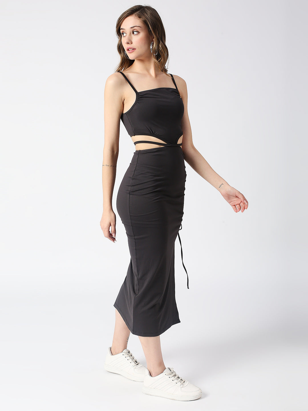 Disrupt Spaghetti neck strappy slim fit black cut-out midi dress with tie-ups